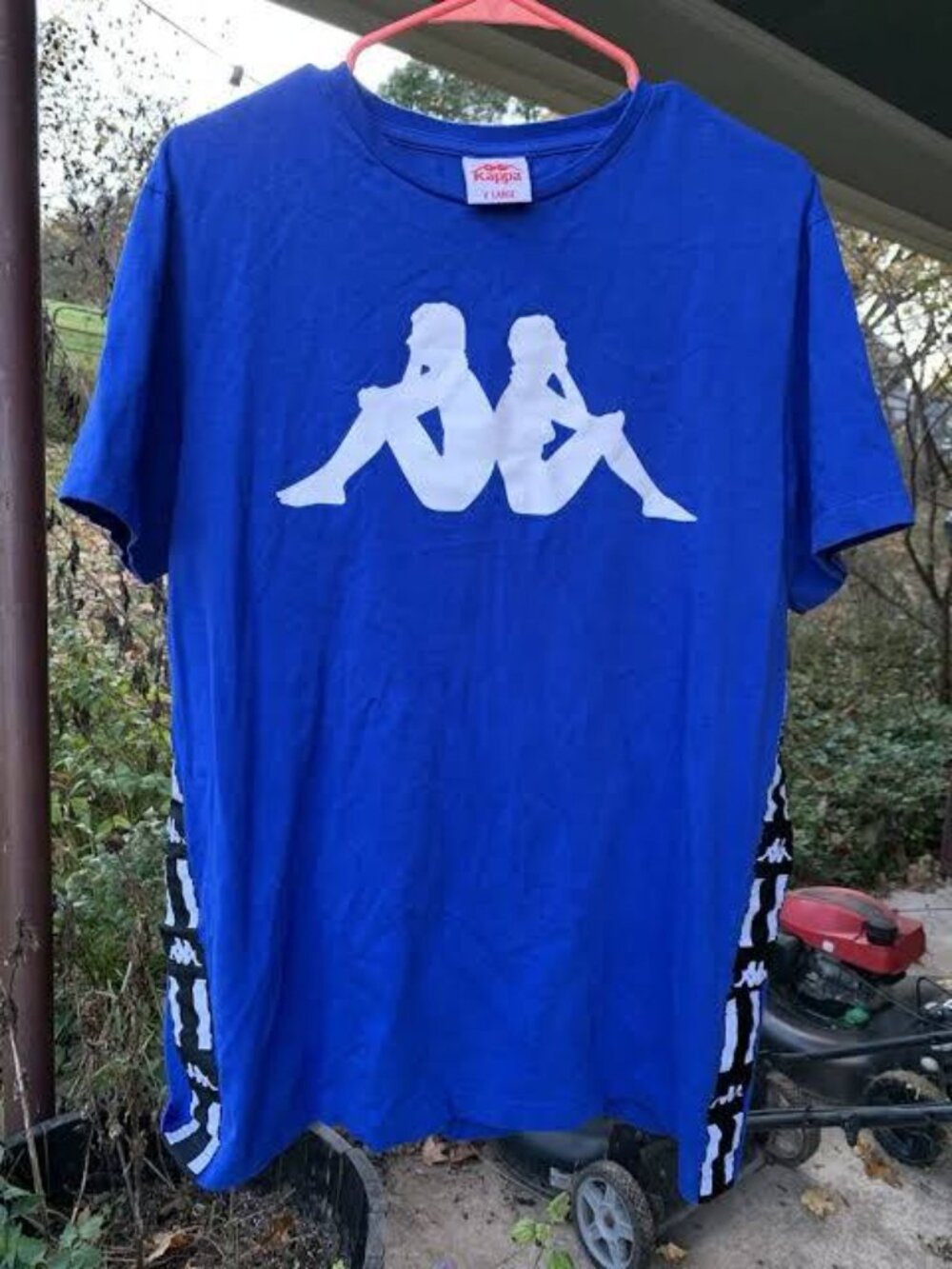 Kappa Authentic Graphic Tee Blue White Side Banda Tape Logo Streetwear Size S